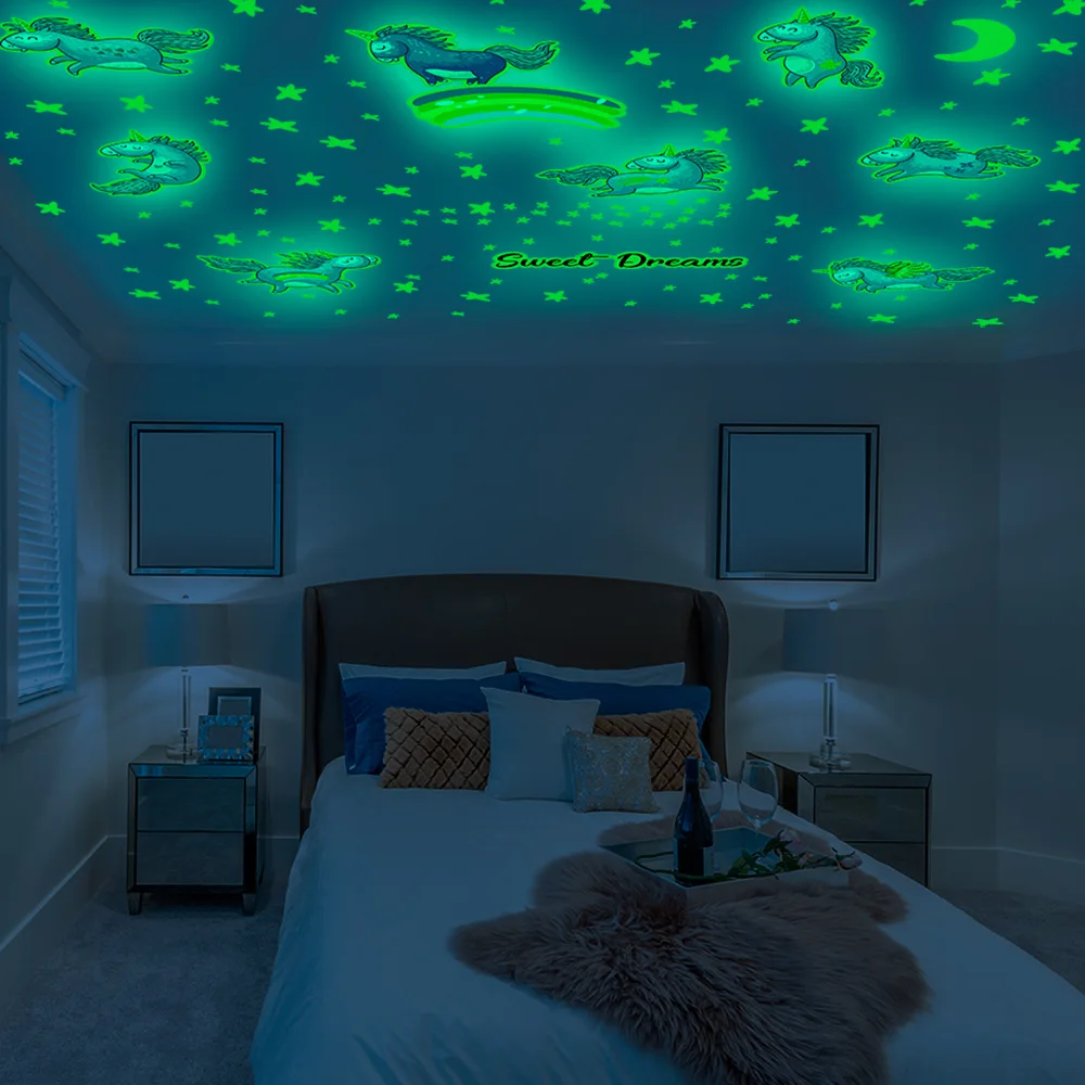 One Set Glowing Wall Sticker Ceiling Stars Flying Horse Unicorn Luminous Glow In The Dark Stickers for Kids Bedroom |