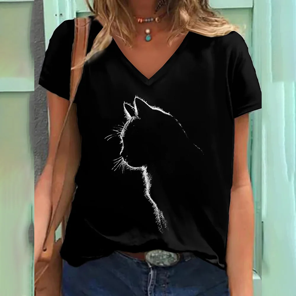 

2022 Fashion Ladies T-Shirt Cat 3D Print Tees Tops Oversized Clothes V-neck Casual Ladies Summer T Shirt Animal Graphics T-Shirt