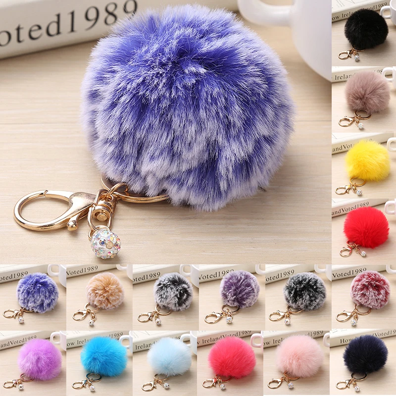 

29 Colors Fluffy Fur Pom Pom Keychain Soft Faux Fur-like Ball Car Keyring Key Holder Women Bag Pendant Crystal Beads Key Chain