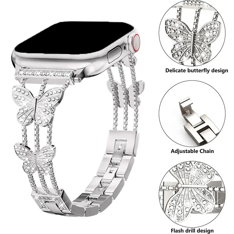 Браслет из нержавеющей стали для Apple Watch браслет с бриллиантами в виде бабочки iWatch