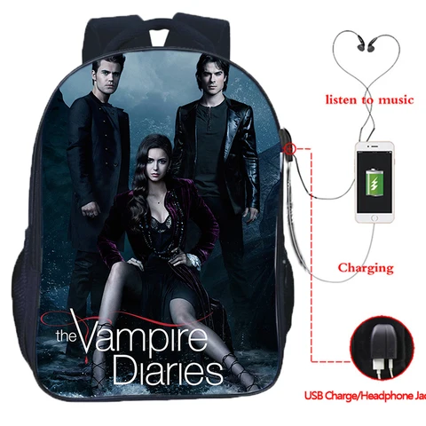 Дневники вампира USB большой емкости для подростков, косплей, школьная сумка Damon для студентов, мальчиков, дорожный рюкзак для ноутбука, детские сумки для книг
