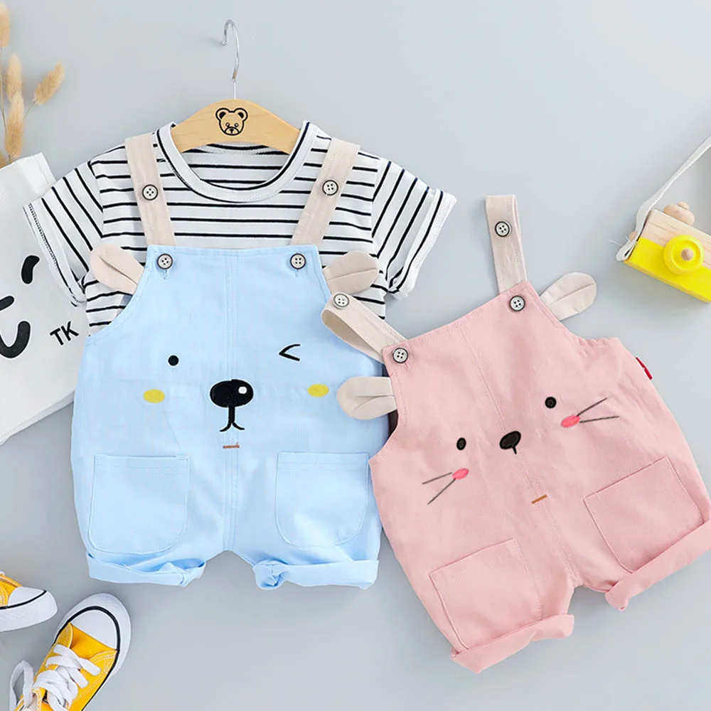 

Baby Kids Sets Newborn Baby Boy Clothes 2022 Summer New Striped Short-sleeved Cartoon Overalls 2pcs Children's Suit 6M-2Years