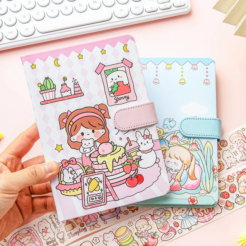 Kawaii Cartoon Notebook Color Pages Exquisite Magnetic Button Notepad Daily Journal Planner Korean Stationery for School Office