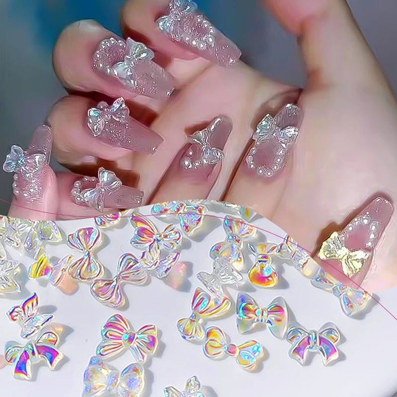 

50pcs Jelly Ribbon Bowknot Nail Art Charms 3D Colorful Transparent Color Summer Nail Decoration Korea Auroras Nail Decor