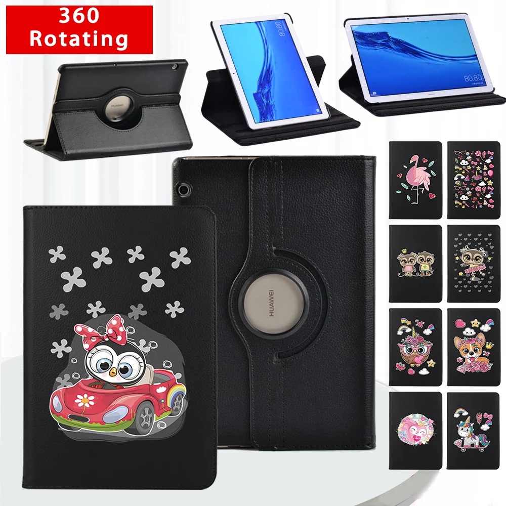 

360 Rotating Case for Huawei MediaPad T3 10 9.6"/T5 10 10.1" PU Leather Cute Cartoon Tablet Cover Flip Protective Shell + Stylus