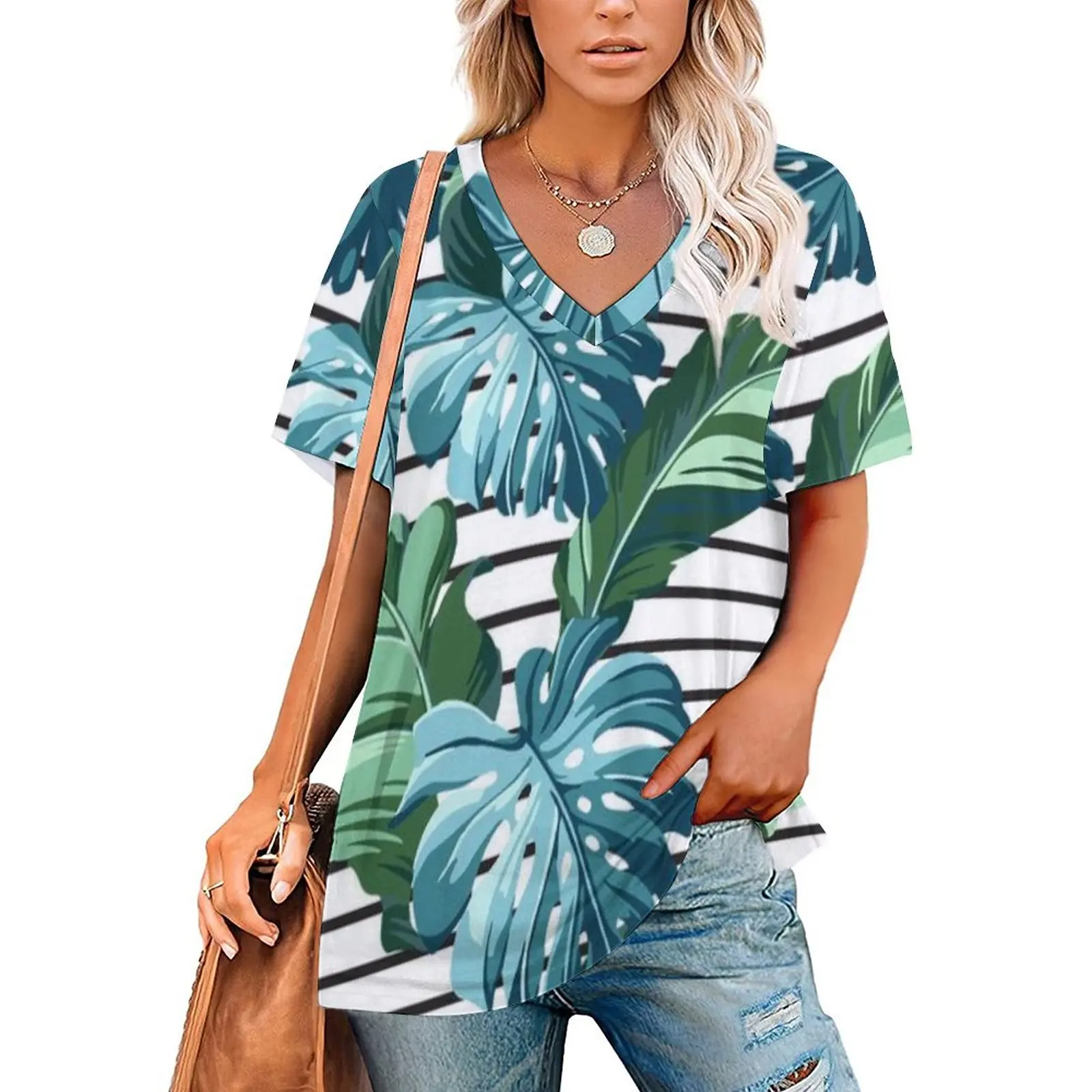 

V Neck Short-sleeve Women Shirt Printed Summer Tropical Design S 3D Print T-shirt