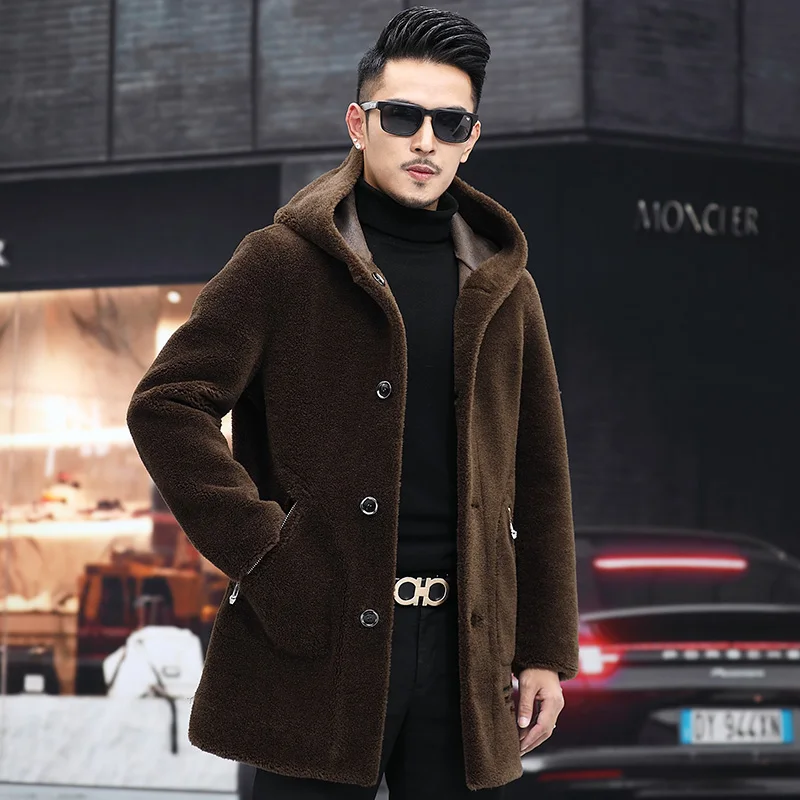 

Men 2022 Autumn Winter New Sheep Shearing Coats Men's Long Real Wool Fur Jackets Male Double-sided Wear Hooded Outerwear A362
