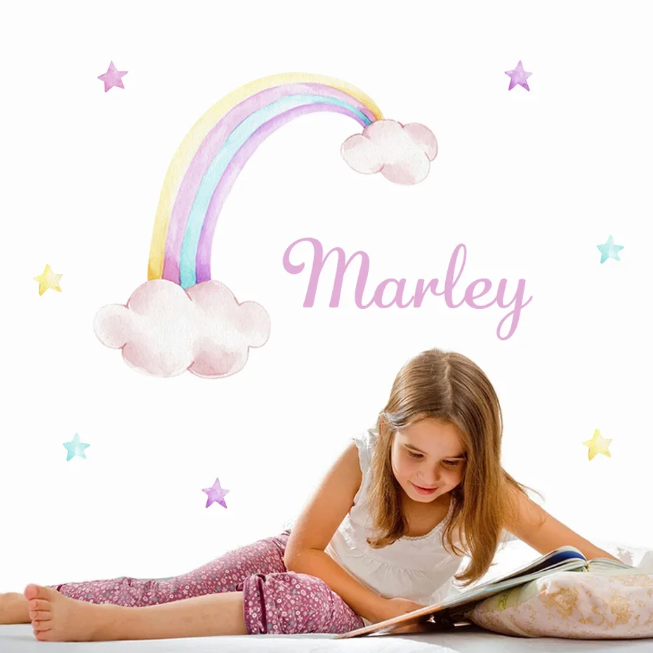 

Personalized Name Watercolor Rainbow Stars Wall Stickers Decal Art Girls Bedroom Nursery Decor Peel and Stick Birthday Gifts