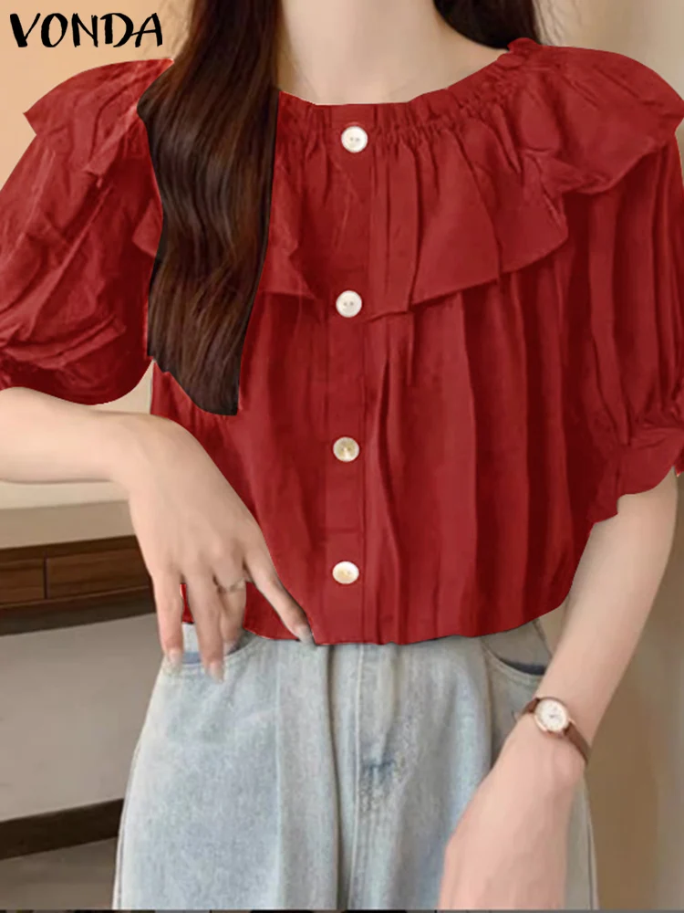 

VONDA Women Elegant Shirts 2023 Summer Tops Short Puff Sleeve Tunic Fashion Casual Loose Blouse Buttons Ruffled Blusas Femininas