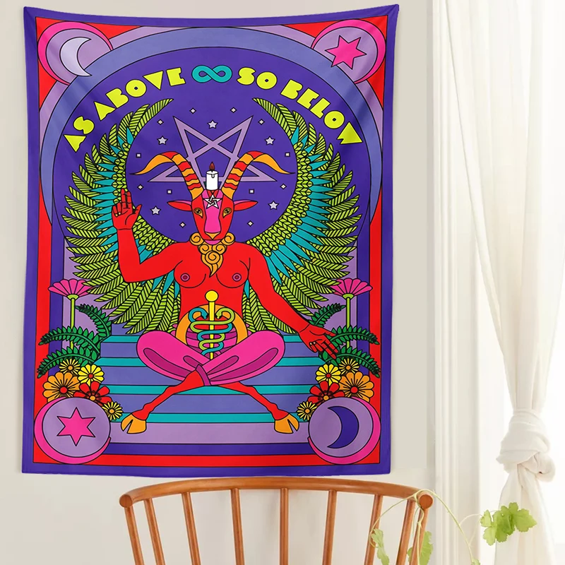 

Tarot Baphomet Tapestry Wall Hanging Divination Witchcraft Psychedelic Throw Blanket Mat Sun Moon Wall Decor INS Print Art Decor