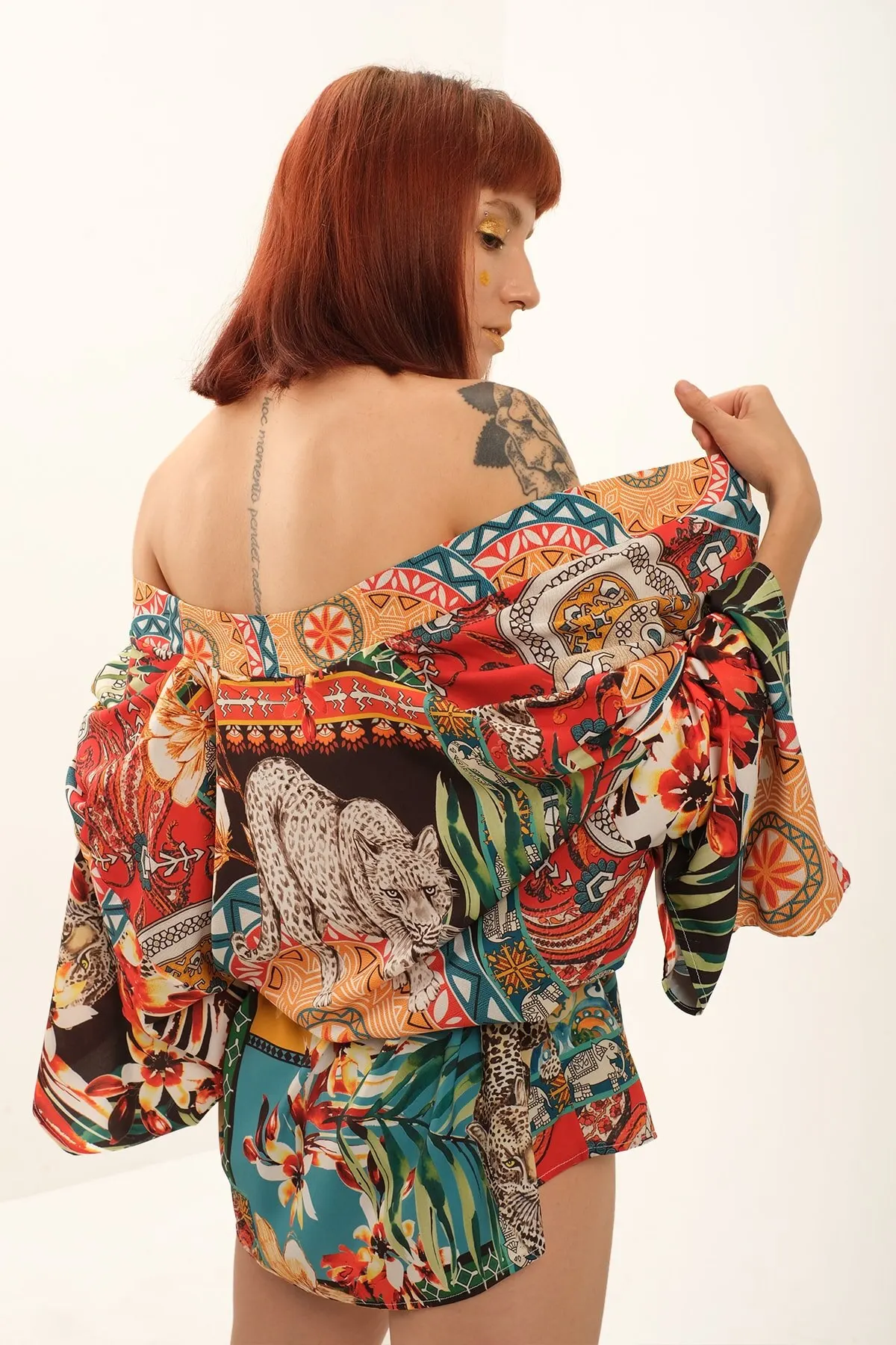 

Women's Kimono Ethnic Paisley And Tiger Patchwork Special Pattern Design Kimono Fashion Dressing Gown For Women