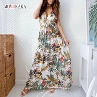 movokaka casual summer dresses women 2022 beach v neck slim sexy long dress woman backless print vintage elegant dress for women