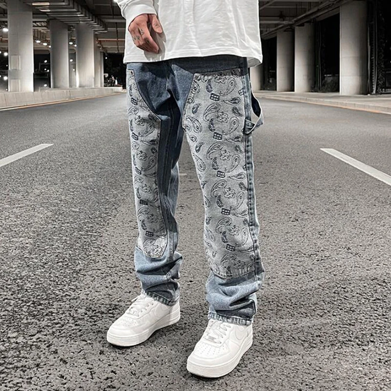 

Hip Hop Washed Patchwork Cashew Flower Casual Men's Jeans Trousers Straight Retro Loose Straight Oversized Baggy Denim Trousers