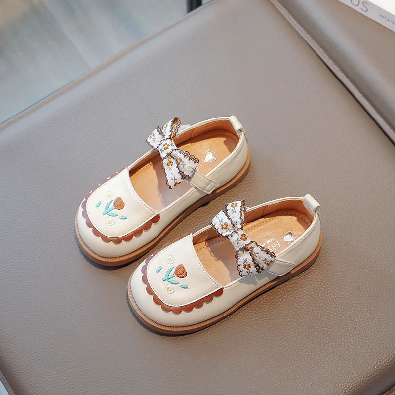 

Girl Leather Shoes for Children Wedding Dress Princess School Shoes Kid New Bowknot Embroidery Flower Student Fashion Mary Janes