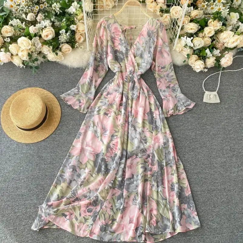 

Bohomian Floral Long Dress For Women Sexy V-Neck Flower Printed High Waist Flare Sleeve Vestidos Casual A-Line Autumn Robe 2020