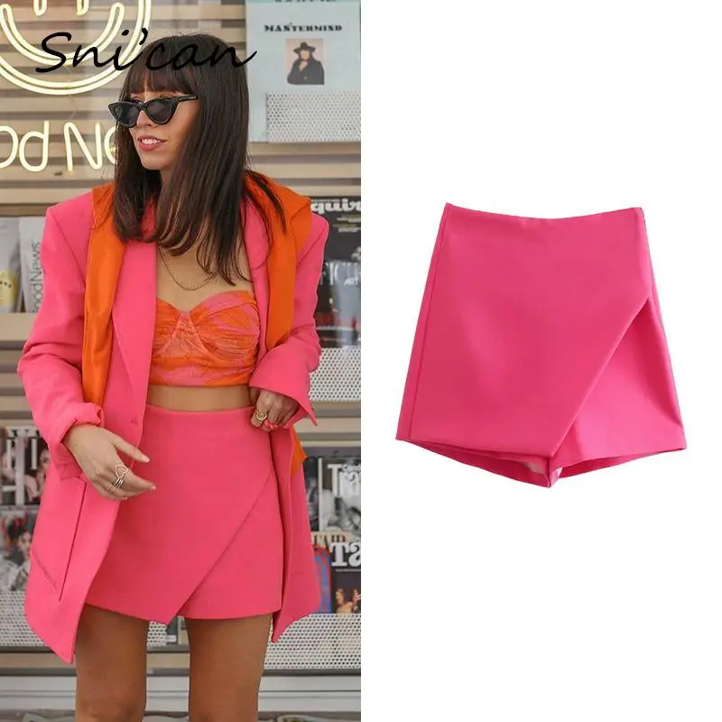 Solid Pink Shorts Skirts Vintage Summer High Wasit Casual Straight Office Ladies Asymmetrical Bottom Casual Faldas Femme Jupe