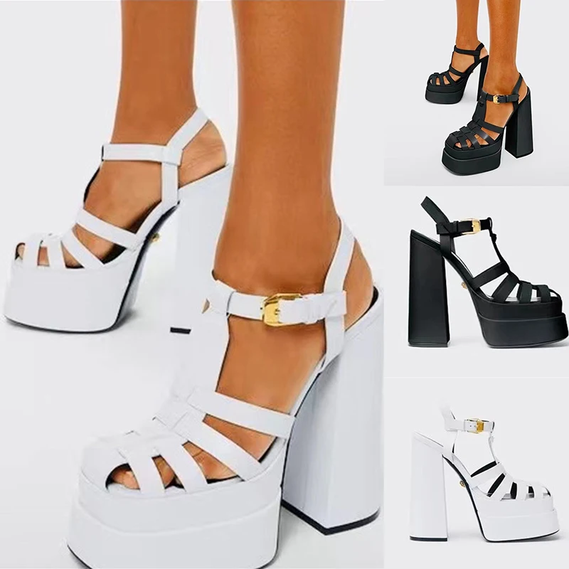 

2022 High Heels Gladiator Sandals Women Sexy Block Heel Platform Pu Shoes Summer Buckle Women Sandals