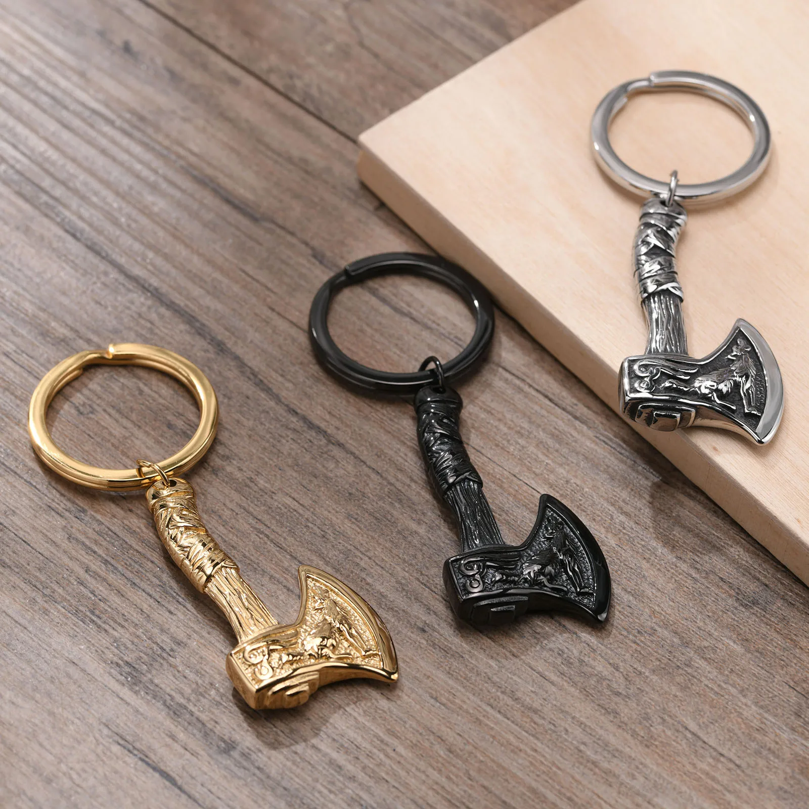 

Viking Axe Keyring, Double Sided Howling Wolf Fire Bird Keychain, Stainless Steel Fenrir Norse Odin Spearhead Keychains