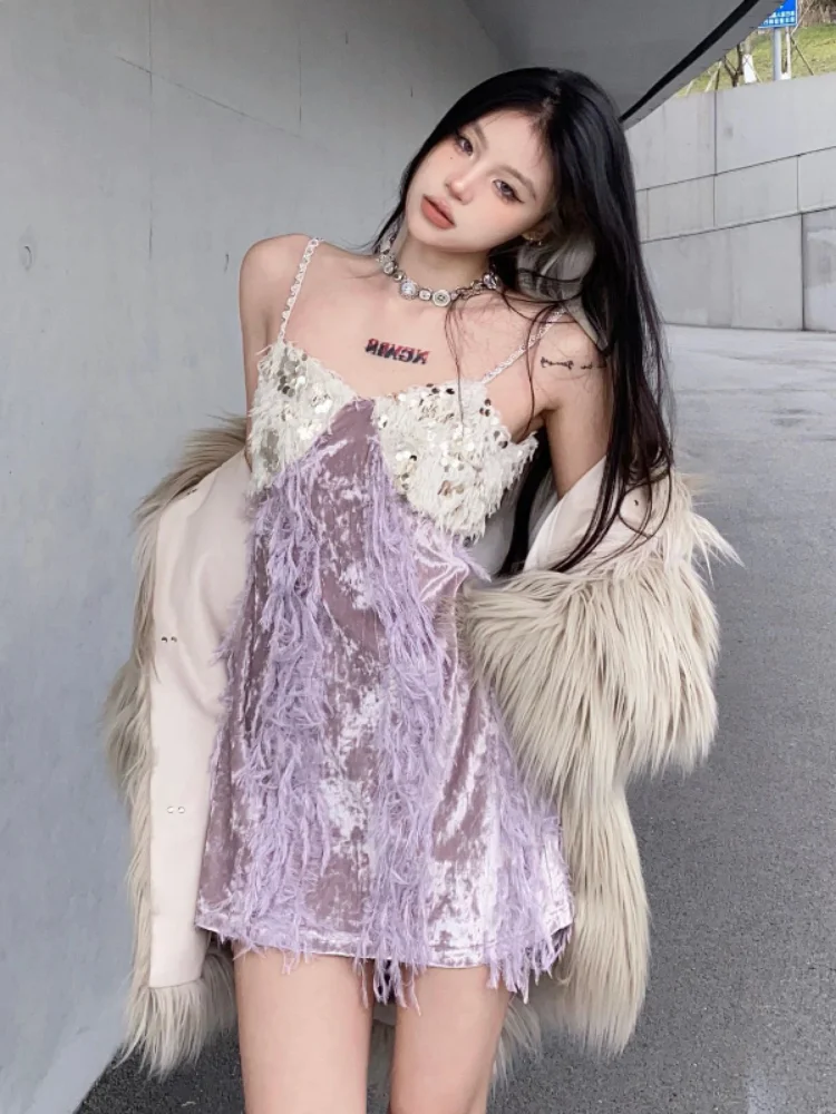 

QWEEK Y2k сексуальное платье-комбинация с бахромой, женские облегающие платья с блестками, блестящие короткие платья, новинка 2023, летний сарафан, уличная одежда для девочек