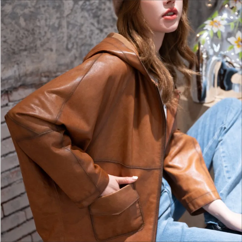 Leather Coat Women's Spring And Autumn Hooded Loose Cape Genuine Leather Coat Female Casual Sheepskin Outerwear