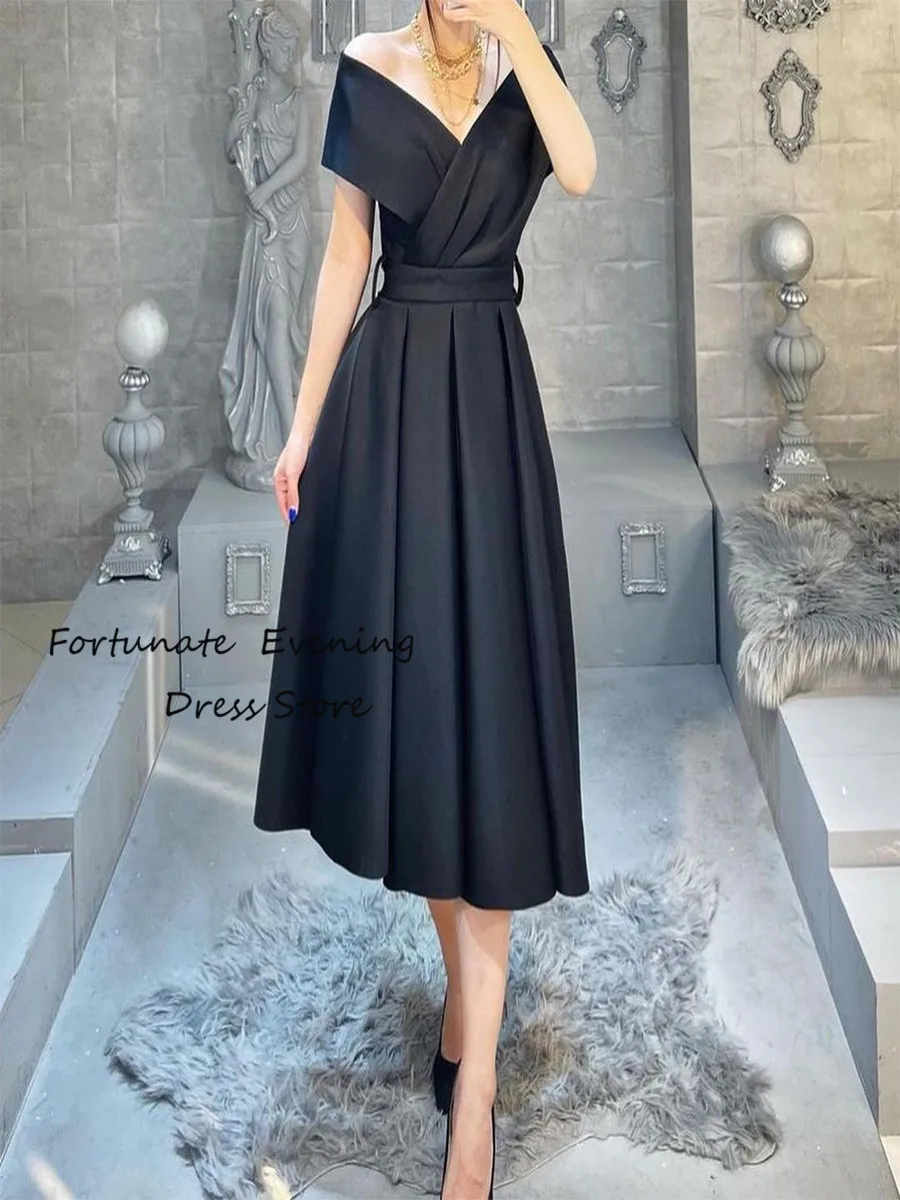 

2023Women Simple Formal Occasion Prom Evening Dresses Off-the-shoulder Neckline Ruffle Tea-Length Bown-grown with Belt