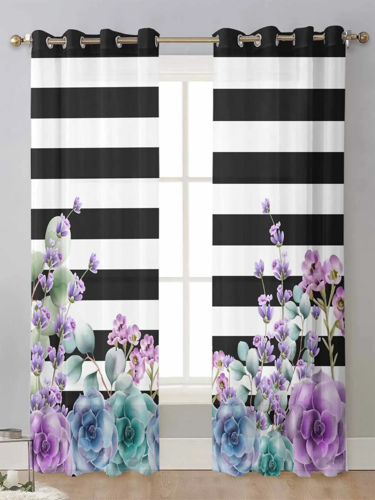 

Succulents Stripes Watercolor Sheer Curtains For Living Room Window Transparent Voile Tulle Curtain Cortinas Drapes Home Decor