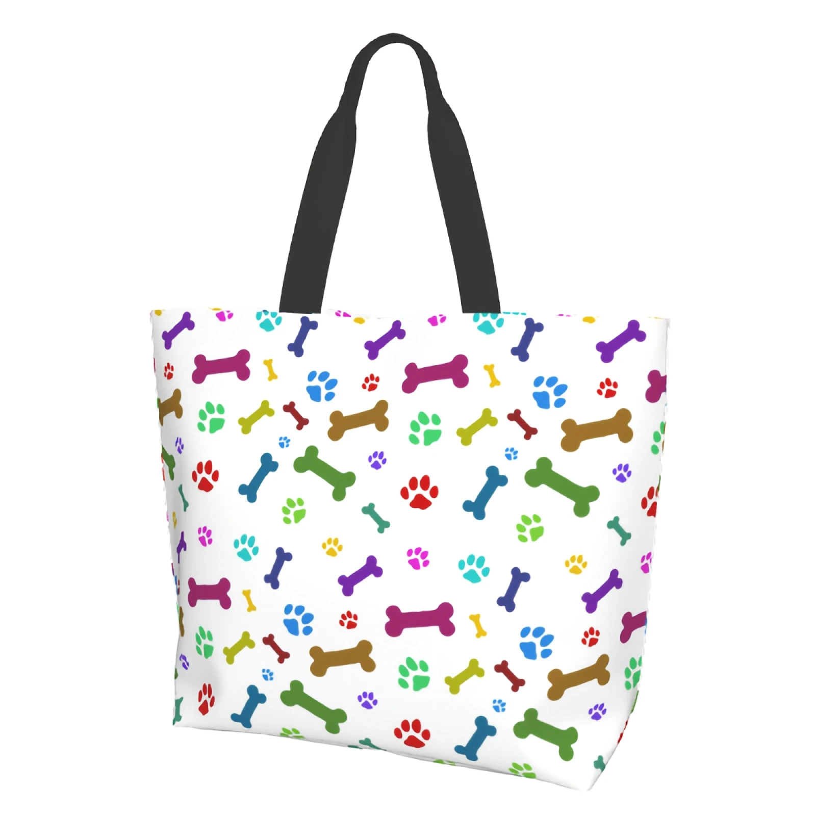 

Colorful Dog Paw Print Bones Canvas Tote Bag for Reusable Casual Shopping Shoulder Handbag Storage Inner Pocket Aesthetic