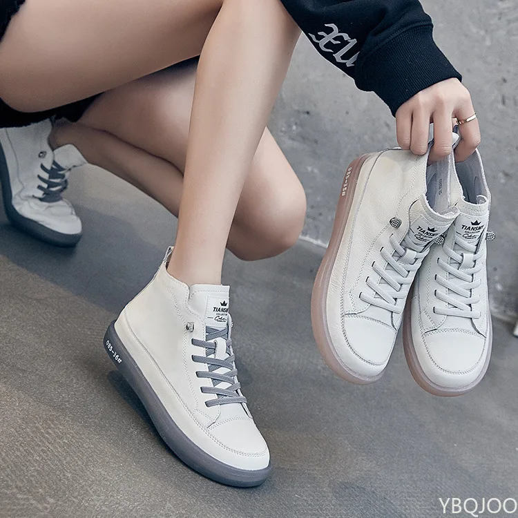 

Кроссовки женские из натуральной кожи, повседневная обувь с высоким берцем, первый слой воловьей кожи, Вулканизированная подошва, весна-осе...