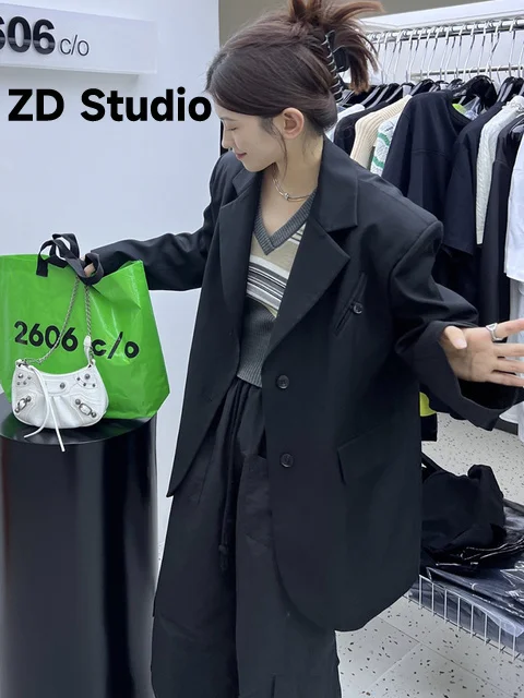 

[ZD Studio] Women Black Pockets Size Casual Blazer New Lapel Long Sleeve Loose Fit Jacket Tide Spring Autumn 2023