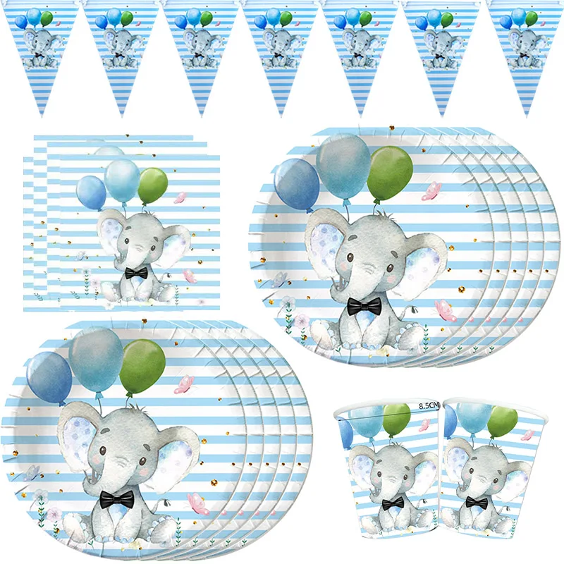 Gender Reveal Disposable Tableware Sets boys 1st Birthday Party Decor Napkin Plate Cup Baby Shower Blue Elephant Party Supplies