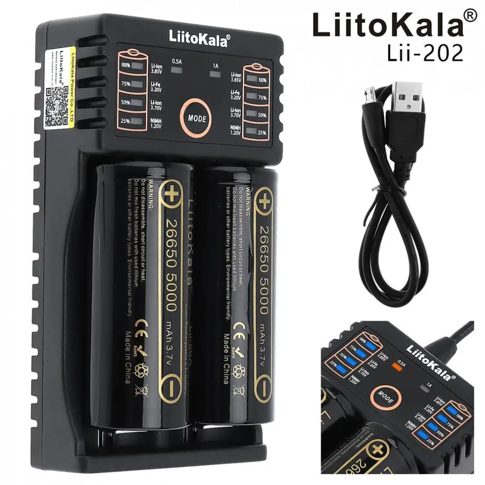 

LiitoKala Lii-202 Battery Charger HK LiitoKala Lii-50A 26650 5000mAh Rechargeable Battery For Flashlight 40-50A Discharge New