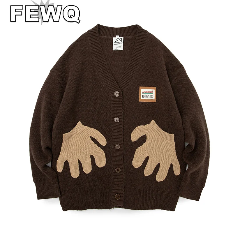 

FEWQ Printed Men's Cardigan Sweater V-neck Casual Y2k Male Tops Vintage Knitswear Coats High Street 2023 Spring Chic New 24B2000