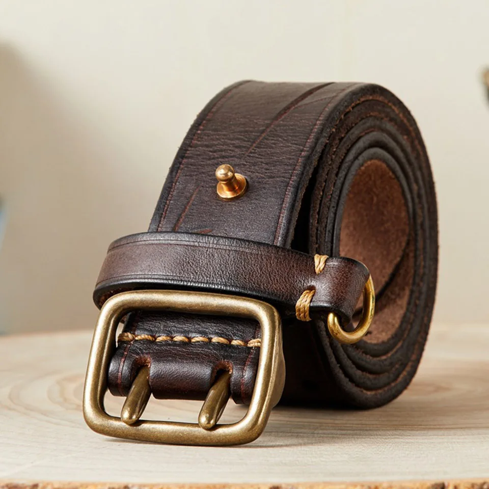 

Fashion Trend Brass Double Needle Buckle Belt For Men's Brand Leather Single Loop Texture European And American Belts Flexible