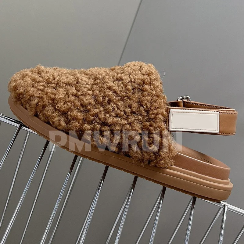 

Женские босоножки с плюшевым верхом, однотонные удобные универсальные босоножки на плоской подошве, Осень-зима 2023