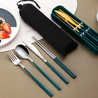 spoon knives fork chopsticks set 4pcs stainless steel dinnerware cutlery lunch tableware set with mesh bag kitchen accessories