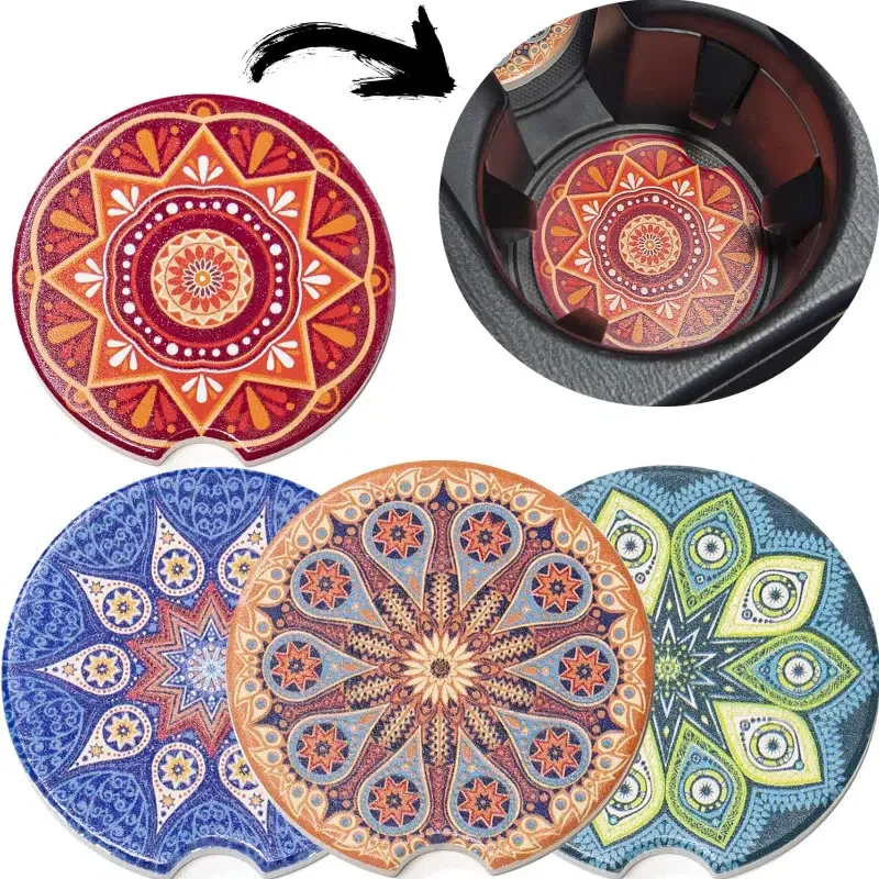 

1pc Car Cup Holder Coaster Ceramic Water Absorption Anti Slip Insert Coaster With Finger Grooves Diameter 2.63" Car Accessories