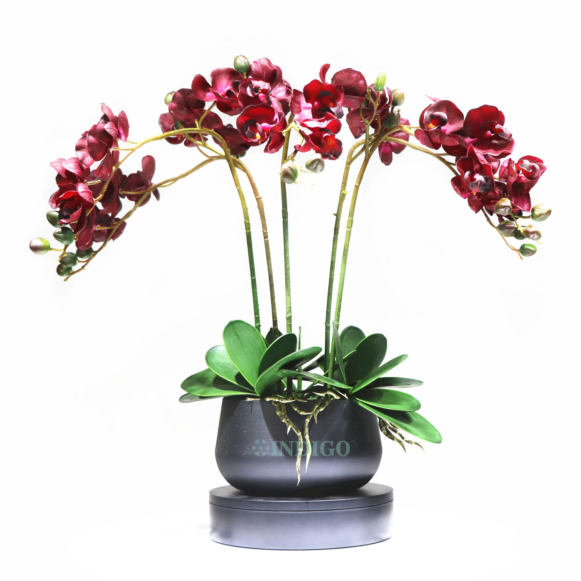 Red Orchid DIY Flower Arrangment (5PCS Orchid+3PCS Leaves+ Moss Pot) Butterfly Flower Office Decoration Centerpiece- INDIGO