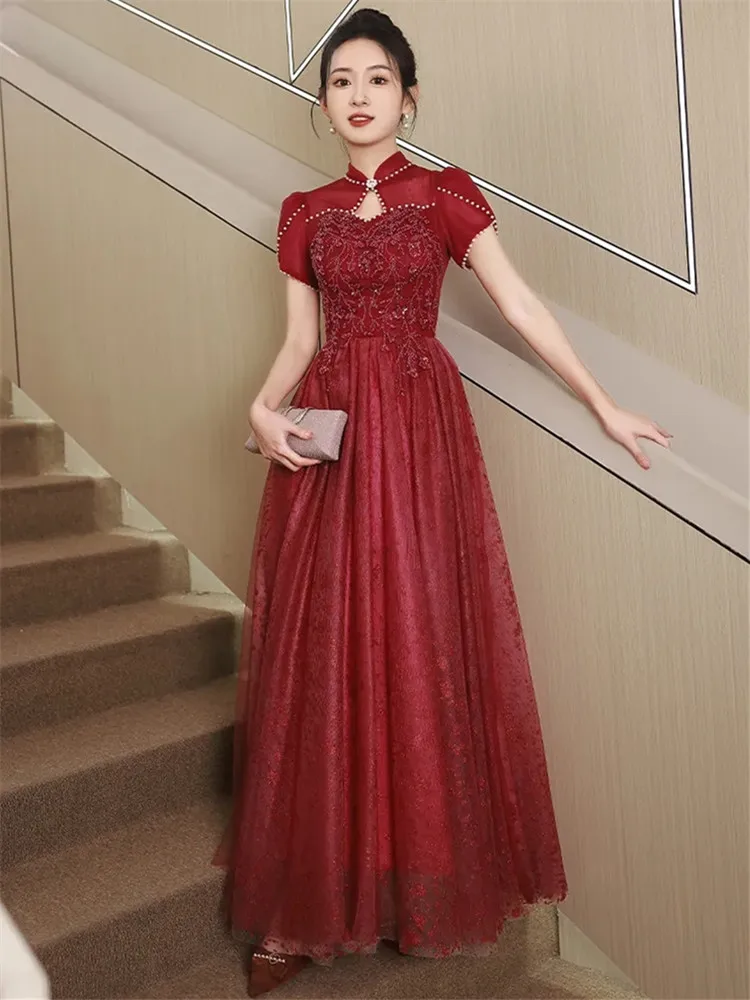 

Wine Red Dress Women's Summer New Solid Color Stand Collar Nailed Beaded Applique Sequin Long A-line Skirt Female Clothing M270