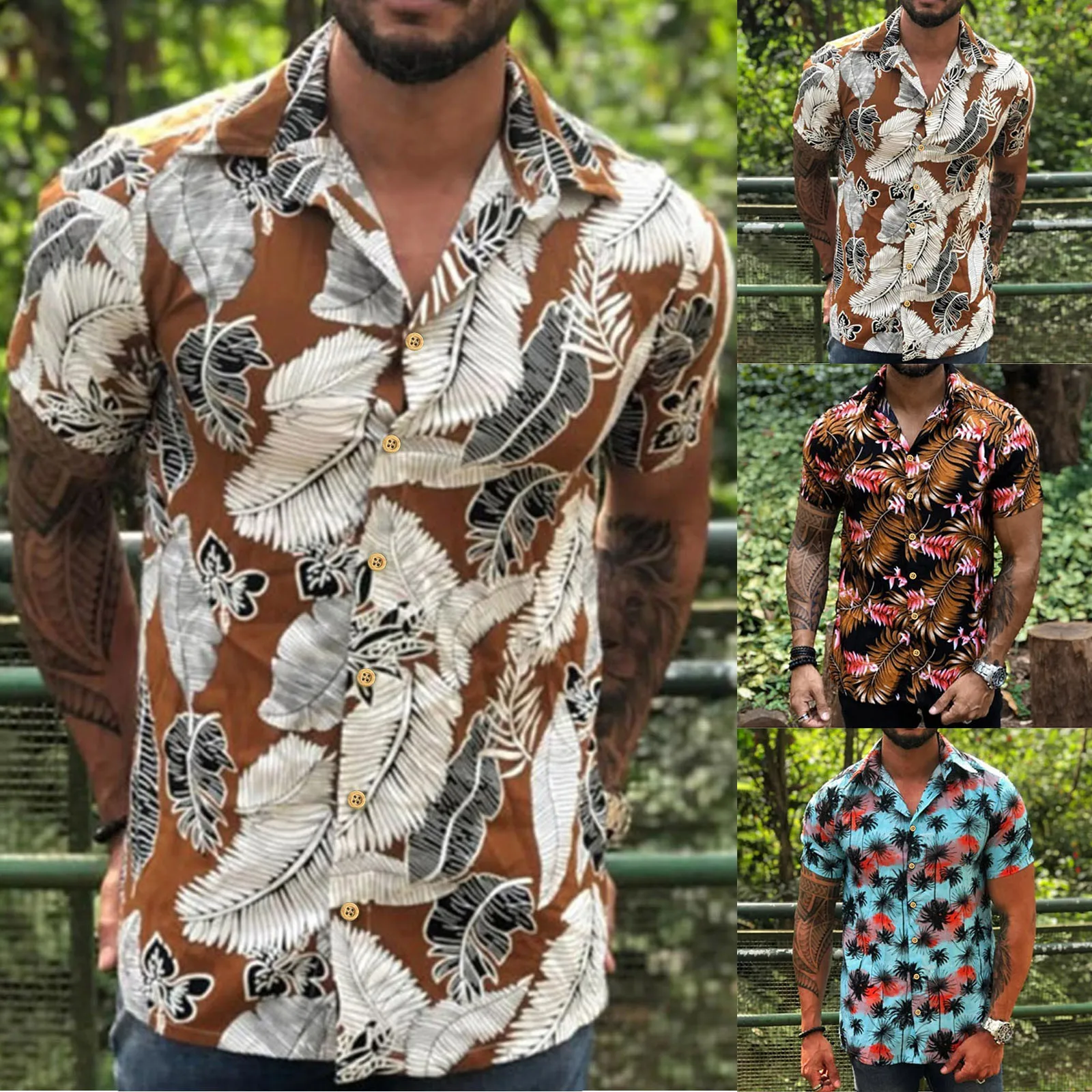 

Mens Fashion And Leisure 3D Digital Printing Buckle Lapel Short Sleeve Shirt Top Cotton Active Tops Men