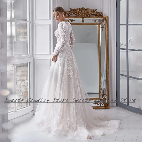 Wedding Dress 2023 O Neck Long Sleeves Exquisite Lace Applqiue Sweep Train A Line Glitter Bridal Gown for Women Robe De Mariee