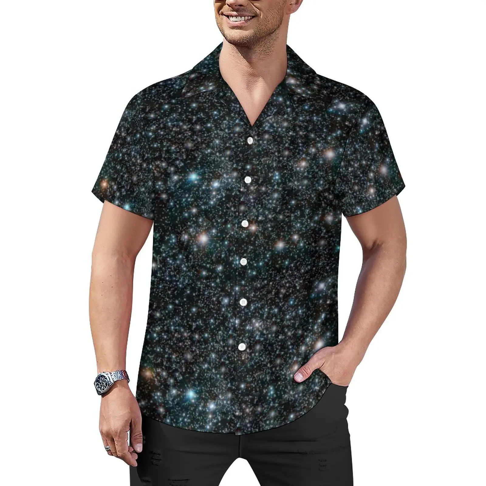 

Galaxy Stars Blouses Men Stars Cosmic Outer Space Universe Black Casual Shirts Hawaii Graphic Vintage Oversized Beach Shirt