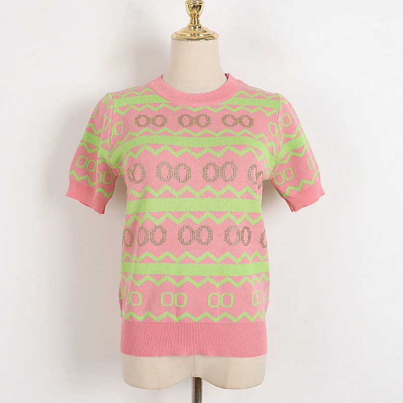 

Женский пуловер с коротким рукавом, универсальный тонкий трикотажный свитер контрастных цветов в стиле ретро, с волнистым принтом и страза...