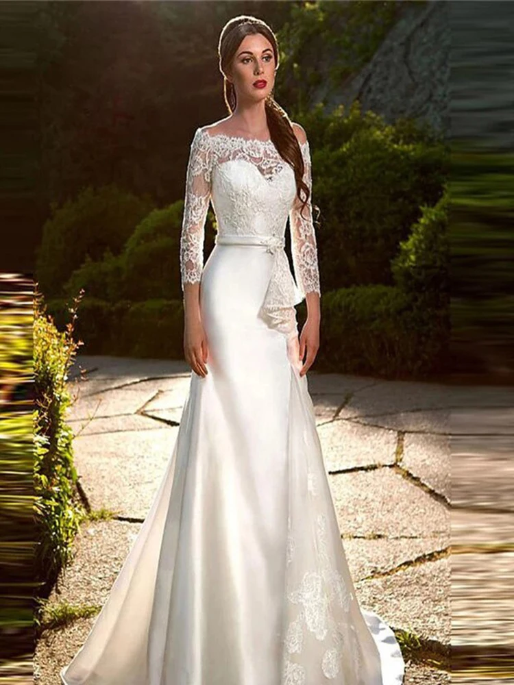 

Vintage Long Sleeves Lace Mermaid Wedding Dress For Bride Satin Bridal Gowns Elegant Plus Size Custom Made Vestido De Novia