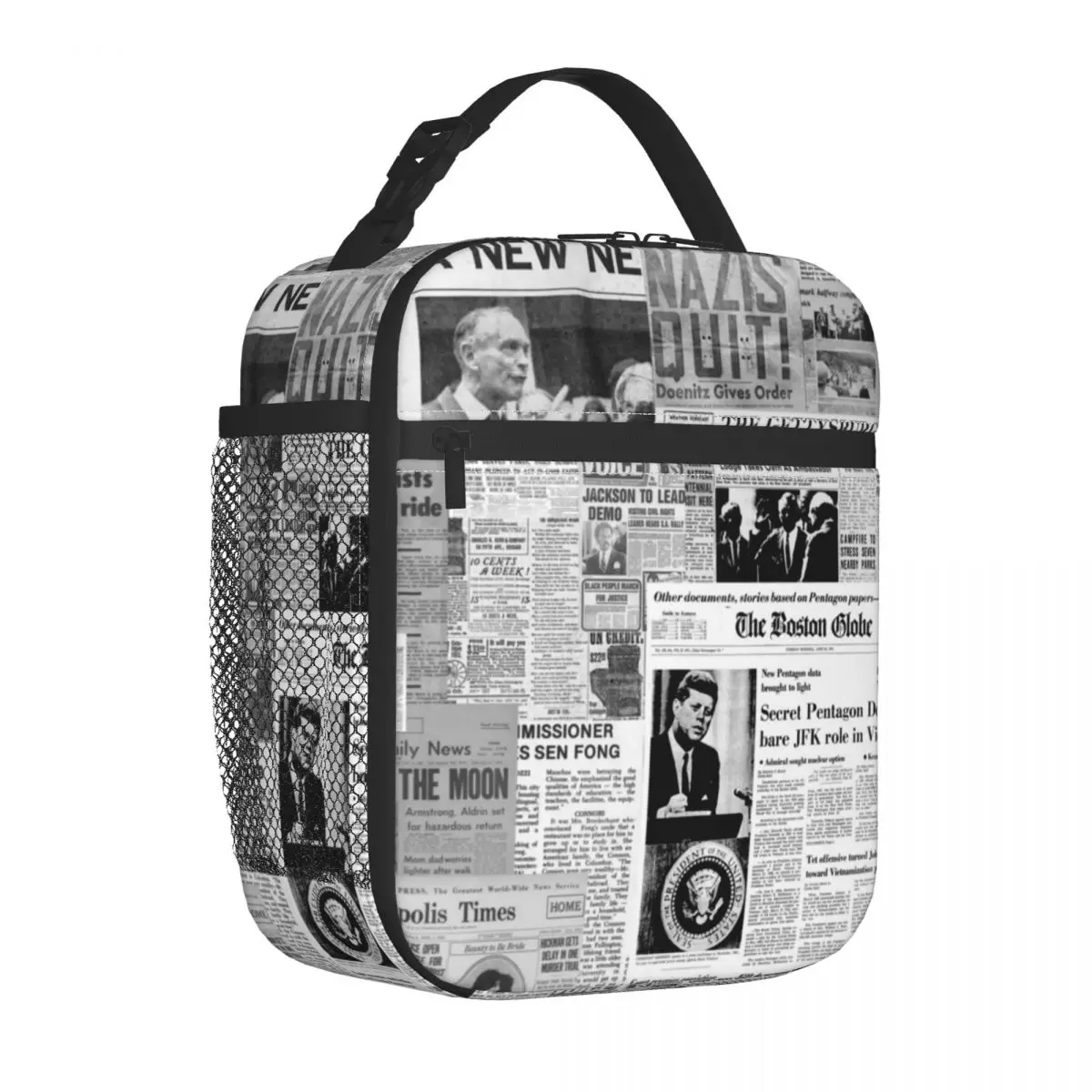 

Newspaper Collage Lunch Bag with Handle Old American Newspapers Mesh Pocket Cooler Bag Carry Camping Pearl Cotton Thermal Bag