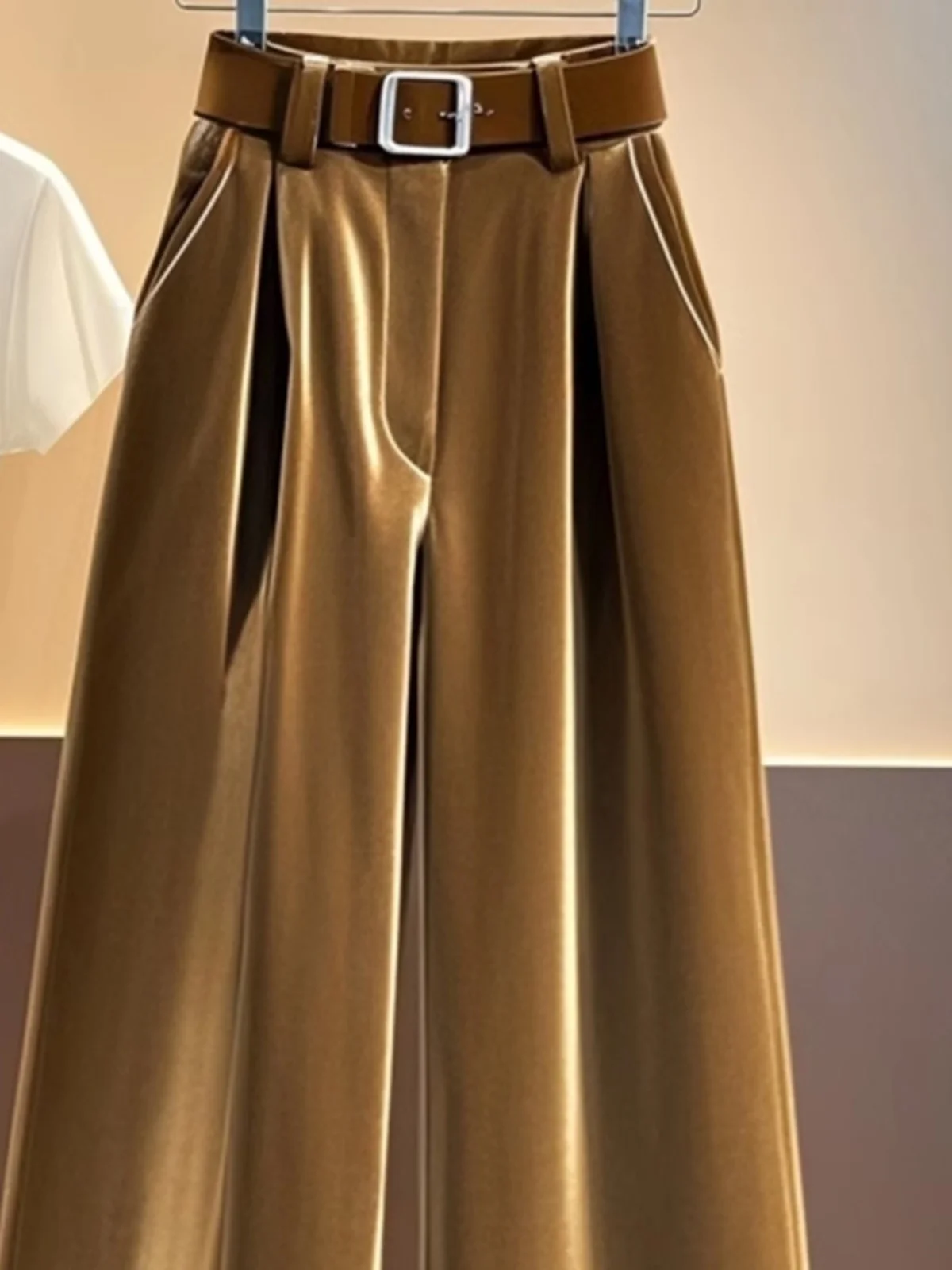 Plus Size 2024 Popular New Small Casual Loose Straight Pants High Waist Slimming Coffee Color Velvet Wide Leg Women Winter