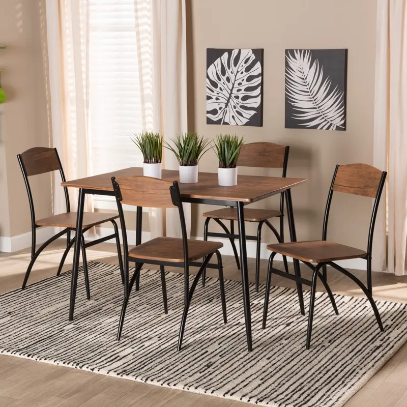 

Neona Industrial Walnut Finished Wood and Black Metal 5-Piece Dining Set