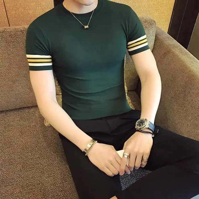

2023 Men's Short-sleeved T-shirts New Striped Male Fashion Casual Breathable Solid Color Round Neck Muscle Knitted Tee Tops M101