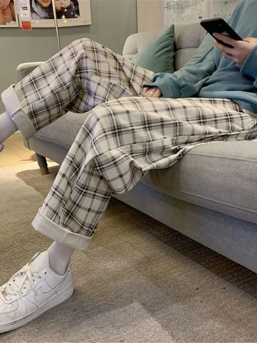 Черные японские брюки летние женские в стиле Харадзюку клетчатые брюки-султанки