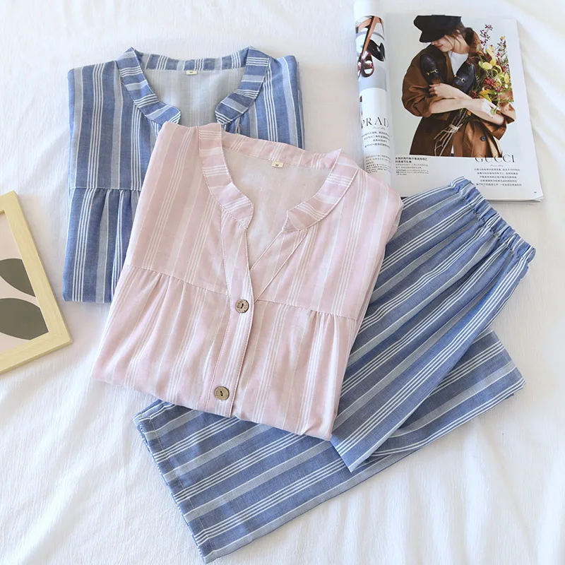 Homewear Women Cotton Vertical Striped Color Spinning V-neck Four Seasons Thin Can Be Rolled Up Long-sleeved Korean Pajamas Set