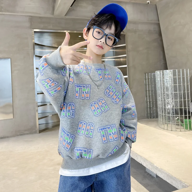 

New Children Boys Sweatshirts Kids Letter Print Long Sleeve T Shirt For 4-14 Years Teenage School Costumes Kids Boy Spring Tops